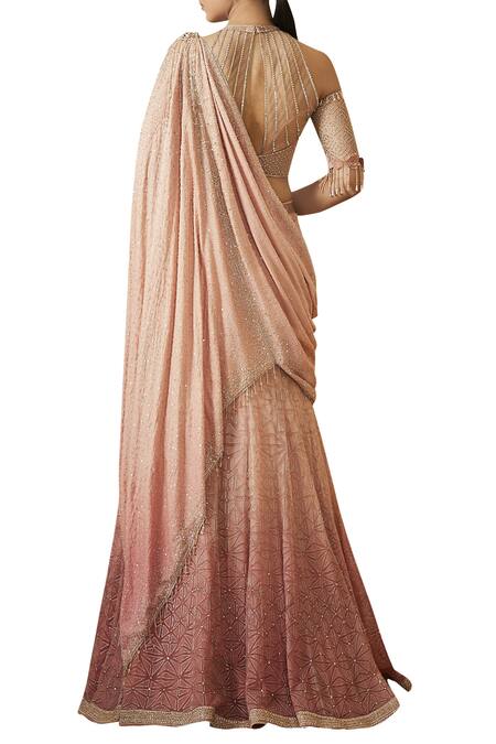 Shop_Tarun Tahiliani_Pink Embroidered Lehenga Saree Set_at_Aza_Fashions
