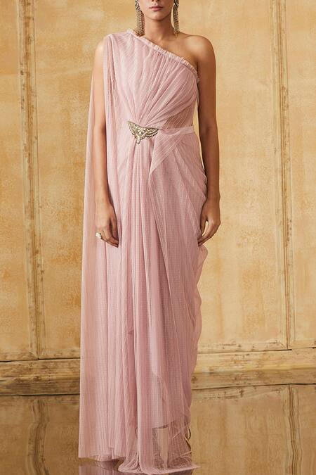 Tarun Tahiliani Pink One Shoulder Draped Gown 