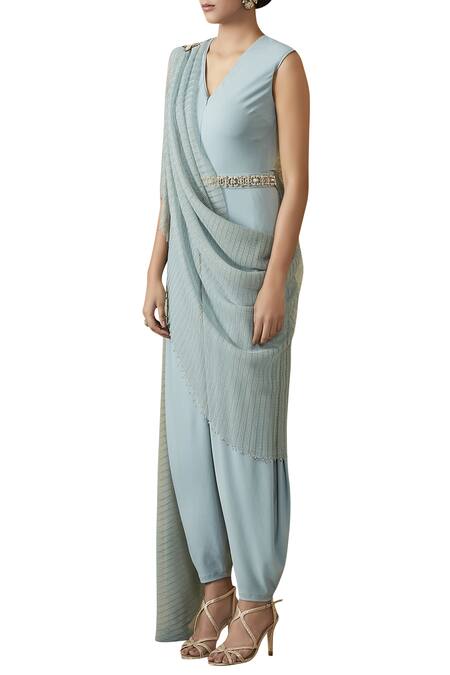 Tarun Tahiliani_Blue V Neck Jumpsuit With Saree Drape _Online_at_Aza_Fashions