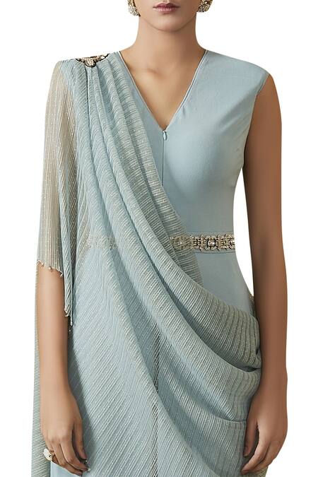Shop_Tarun Tahiliani_Blue V Neck Jumpsuit With Saree Drape _Online_at_Aza_Fashions