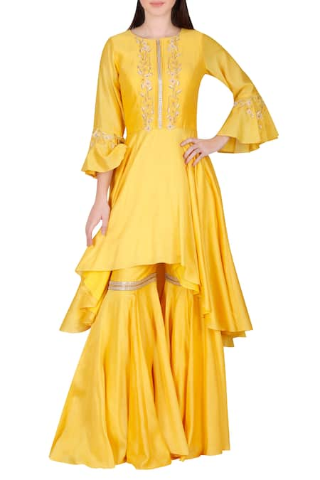 Julie by Julie Shah Yellow Round Chanderi Kurta Sharara Set 