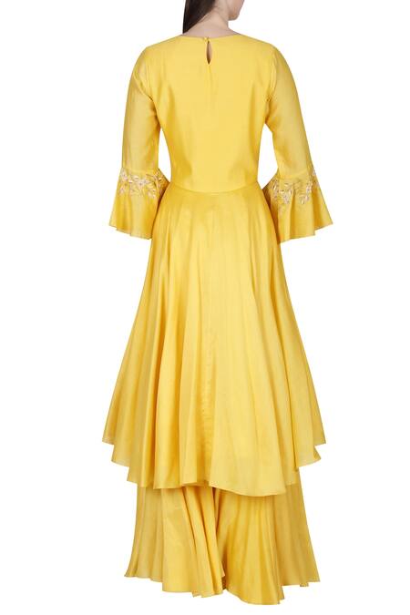 Shop_Julie By Julie Shah_Yellow Round Chanderi Kurta Sharara Set _at_Aza_Fashions