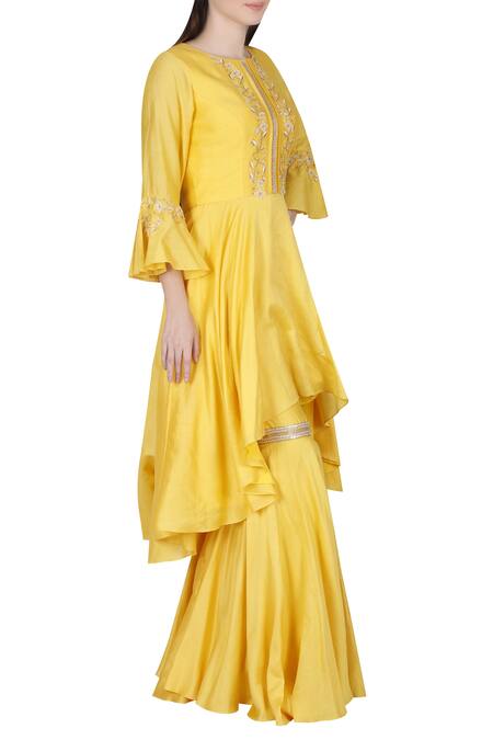 Julie By Julie Shah_Yellow Round Chanderi Kurta Sharara Set _Online_at_Aza_Fashions
