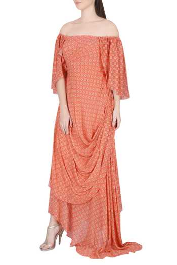 Julie By Julie Shah_Orange Draped Off Shoulder Dress_Online_at_Aza_Fashions