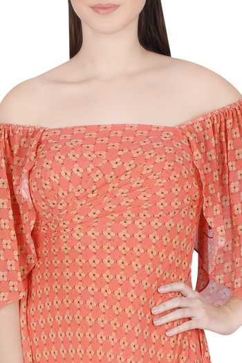 Shop_Julie By Julie Shah_Orange Draped Off Shoulder Dress_Online_at_Aza_Fashions