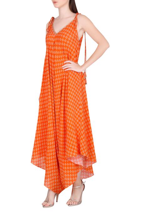 Julie By Julie Shah_Orange Crepe Floral Print Jumpsuit_Online_at_Aza_Fashions