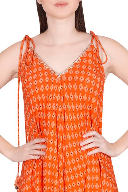 Shop_Julie By Julie Shah_Orange Crepe Floral Print Jumpsuit_Online_at_Aza_Fashions