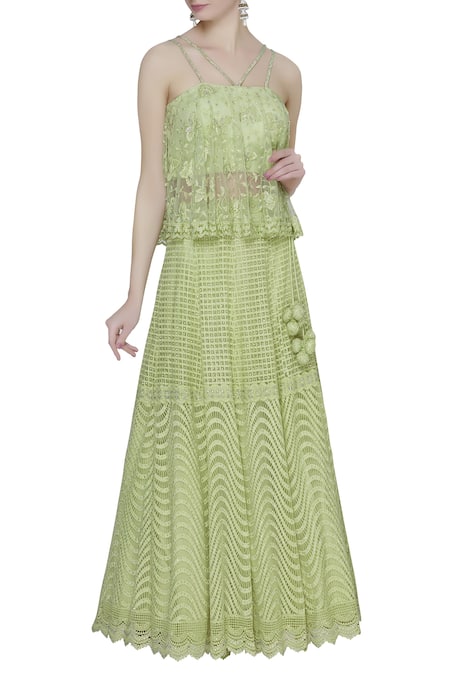 Vandana Sethi Green Chikankari Embroidered Blouse And Lehenga Set