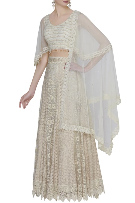 Vandana Sethi Off White Chikankari Embroidered Lehenga Set 