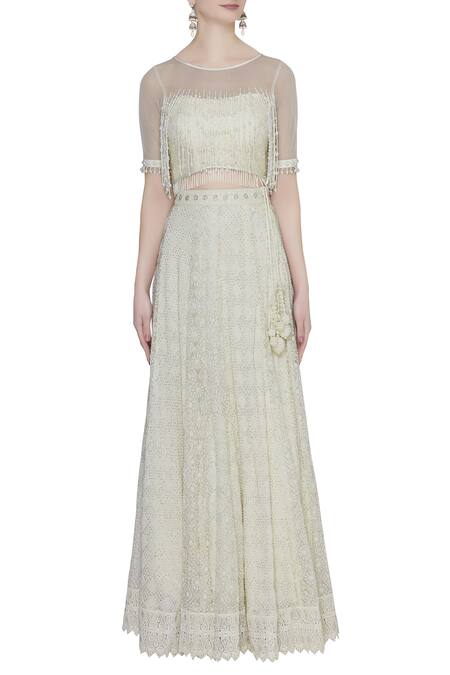 Buy_Vandana Sethi_Off White Round Chikankari Embroidered Blouse And Lehenga Set_Online_at_Aza_Fashions