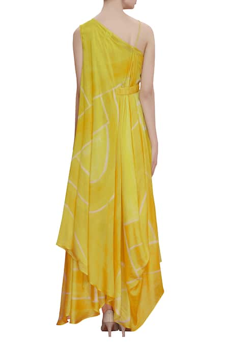 Shop Vedika M Yellow One Shoulder Cowl Draped Dress at Aza Fashions Shop_Vedika M_Yellow One Shoulder Cowl Draped Dress _at_Aza_Fashions