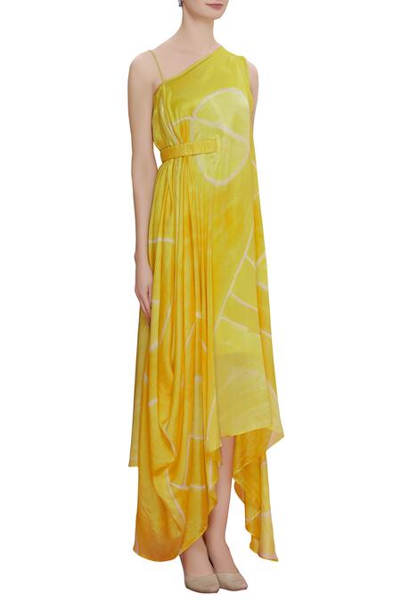 Vedika M Yellow One Shoulder Cowl Draped Dress Online at Aza Fashions Vedika M_Yellow One Shoulder Cowl Draped Dress _Online_at_Aza_Fashions