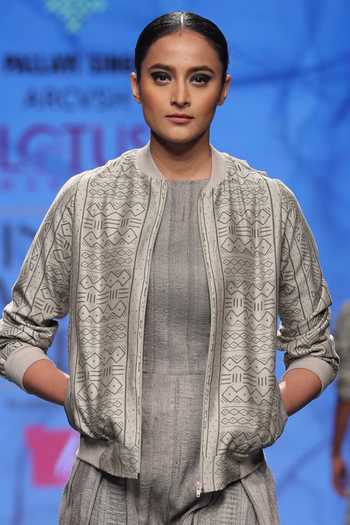 Arcvsh By Pallavi Singh_Grey Bateau Textured Jumpsuit With Jacket_Online_at_Aza_Fashions