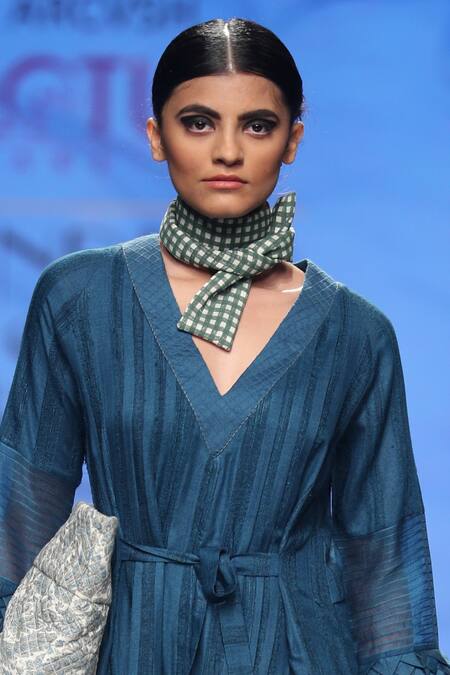 Arcvsh By Pallavi Singh_Blue V Neck Pleated Dress With Scarf_Online_at_Aza_Fashions