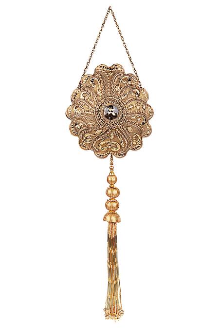 Buy Puneet Gupta Gold Stones Carved Tassel Detail Clutch Online at Aza Fashions Buy_Puneet Gupta_Gold Stones Carved Tassel Detail Clutch_Online_at_Aza_Fashions