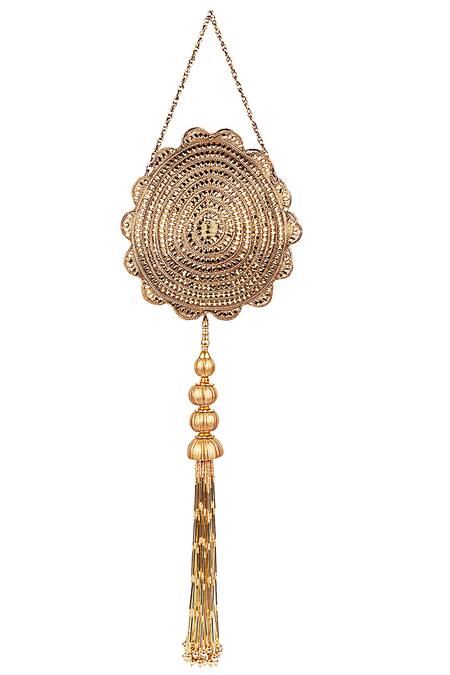 Shop Puneet Gupta Gold Stones Carved Tassel Detail Clutch at Aza Fashions Shop_Puneet Gupta_Gold Stones Carved Tassel Detail Clutch_at_Aza_Fashions