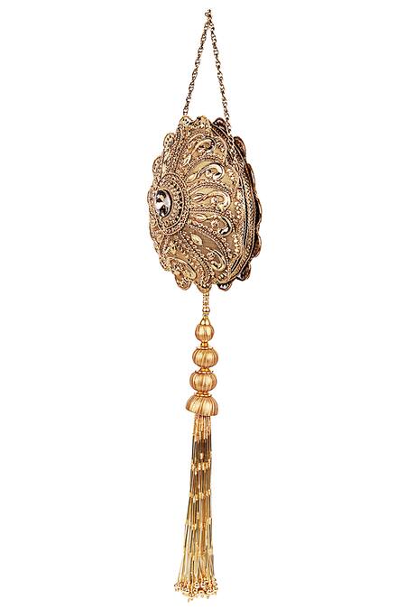 Puneet Gupta Gold Stones Carved Tassel Detail Clutch Online at Aza Fashions Puneet Gupta_Gold Stones Carved Tassel Detail Clutch_Online_at_Aza_Fashions