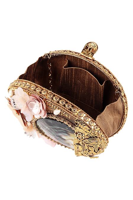 Buy Puneet Gupta Beige 3d Flower Embellished Oval Clutch Online at Aza Fashions Buy_Puneet Gupta_Beige 3d Flower Embellished Oval Clutch_Online_at_Aza_Fashions