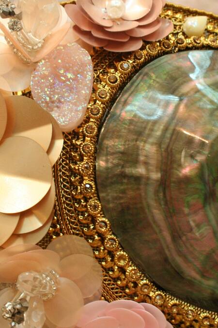 Shop_Puneet Gupta_Beige 3d Flower Embellished Oval Clutch_Online_at_Aza_Fashions