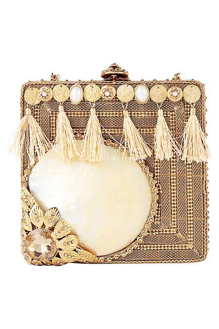 Puneet Gupta Gold Sea Shell Box Shaped Tassel Detail Clutch