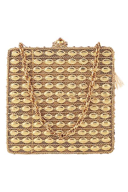 Shop Puneet Gupta Gold Sea Shell Box Shaped Tassel Detail Clutch at Aza Fashions Shop_Puneet Gupta_Gold Sea Shell Box Shaped Tassel Detail Clutch_at_Aza_Fashions