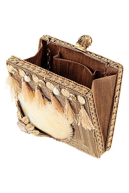 Puneet Gupta Gold Sea Shell Box Shaped Tassel Detail Clutch Online at Aza Fashions Puneet Gupta_Gold Sea Shell Box Shaped Tassel Detail Clutch_Online_at_Aza_Fashions