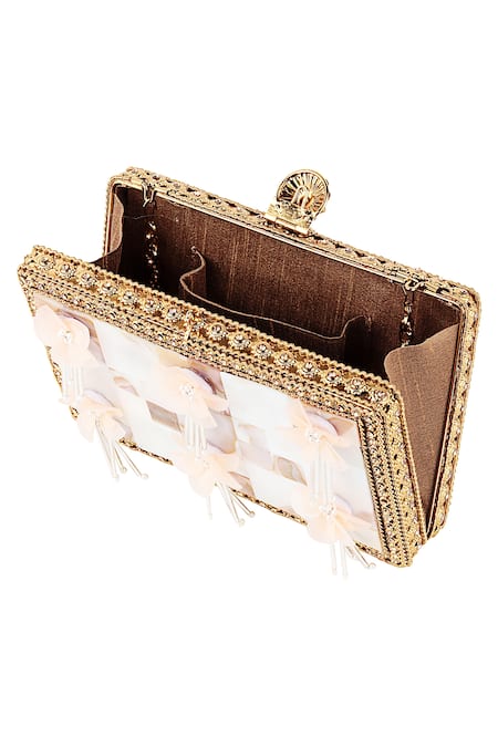 Puneet Gupta_Beige 3d Sequins Flowers Embellished Clutch_Online_at_Aza_Fashions