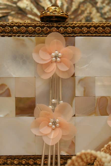 Buy_Puneet Gupta_Beige 3d Sequins Flowers Embellished Clutch_Online_at_Aza_Fashions