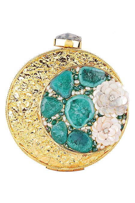 Puneet Gupta Gold Pearl Flowers 3d Embellished Clutch