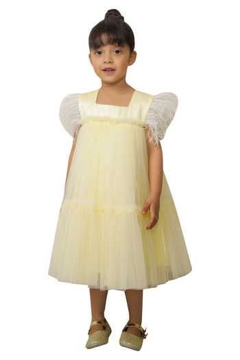 Neha Gursahani_Yellow Satin, Tulle Feathered Armhole Tiered Dress _Online_at_Aza_Fashions