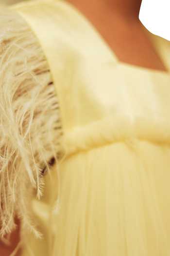 Buy_Neha Gursahani_Yellow Satin, Tulle Feathered Armhole Tiered Dress _Online_at_Aza_Fashions