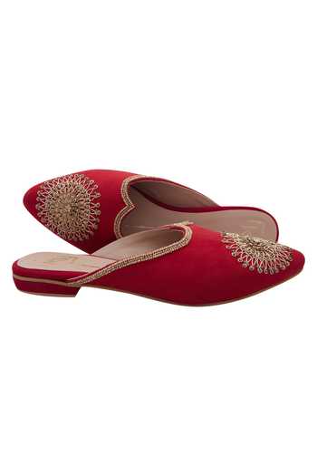 Nidhi Bhandari_Red Bead Embroidered Velvet Mojris _Online_at_Aza_Fashions
