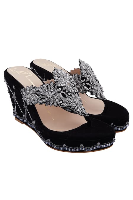 NIDHI BHANDARI Black Cutdana And Crystal Embroidered Cutwork Wedges 