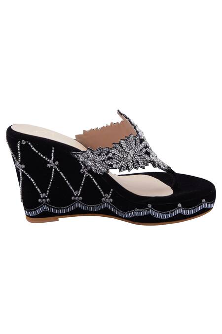 Buy_Nidhi Bhandari_Black Cut Work, Crystals Embroidered Cutwork Wedges_Online_at_Aza_Fashions