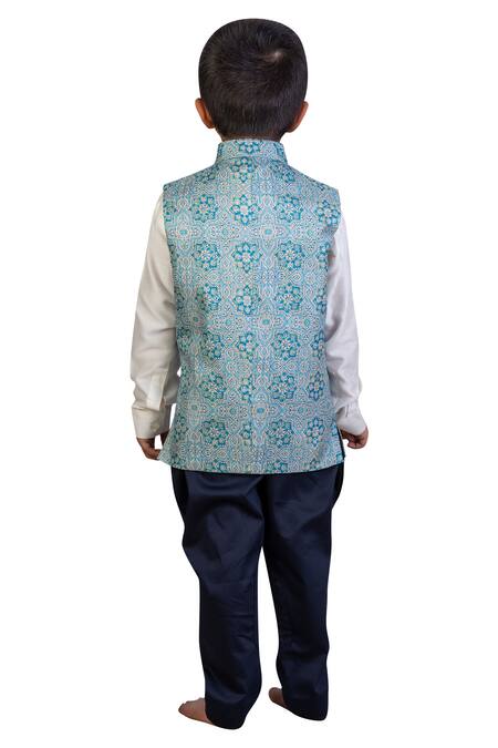 Shop Little Stars Blue Printed Nehru Jacket at Aza Fashions Shop_Little Stars_Blue Printed Nehru Jacket _at_Aza_Fashions