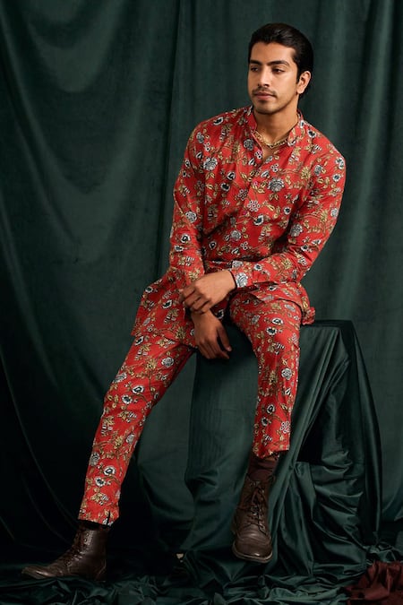 Project Bandi_Red Cotton Printed Floral Brindavan Kurta Set  _at_Aza_Fashions