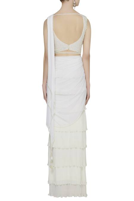 Shop_Arpan Vohra_Off White Georgette V Neck Pre-draped Lehenga Saree With Blouse _at_Aza_Fashions