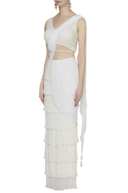 Arpan Vohra_Off White Georgette V Neck Pre-draped Lehenga Saree With Blouse _Online_at_Aza_Fashions