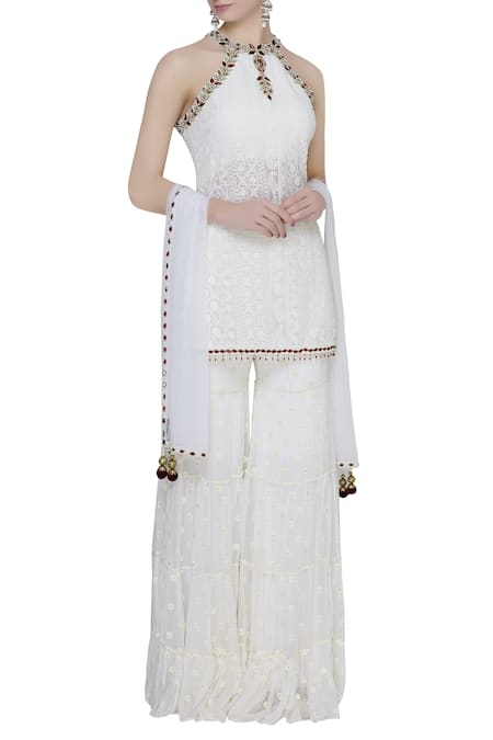 ARPAN VOHRA White Georgette Chikankari Embellished Kurta And Sharara Set