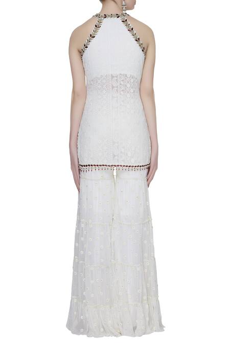 Shop Arpan Vohra White Georgette Chikankari Embellished Kurta And Sharara Set at Aza Fashions Shop_Arpan Vohra_White Georgette Chikankari Embellished Kurta And Sharara Set_at_Aza_Fashions