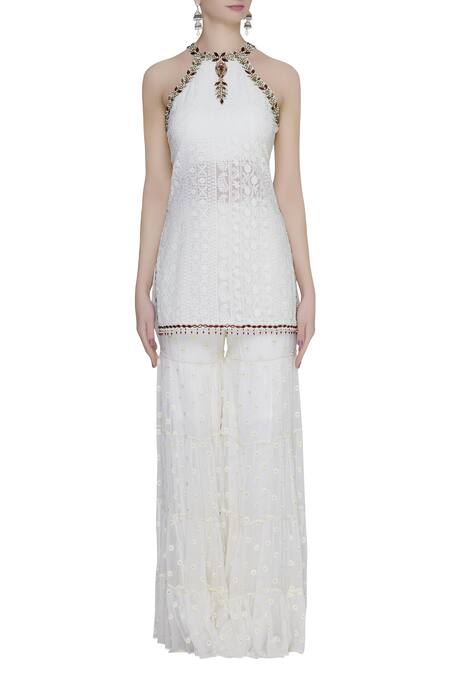Arpan Vohra White Georgette Chikankari Embellished Kurta And Sharara Set Online at Aza Fashions Arpan Vohra_White Georgette Chikankari Embellished Kurta And Sharara Set_Online_at_Aza_Fashions