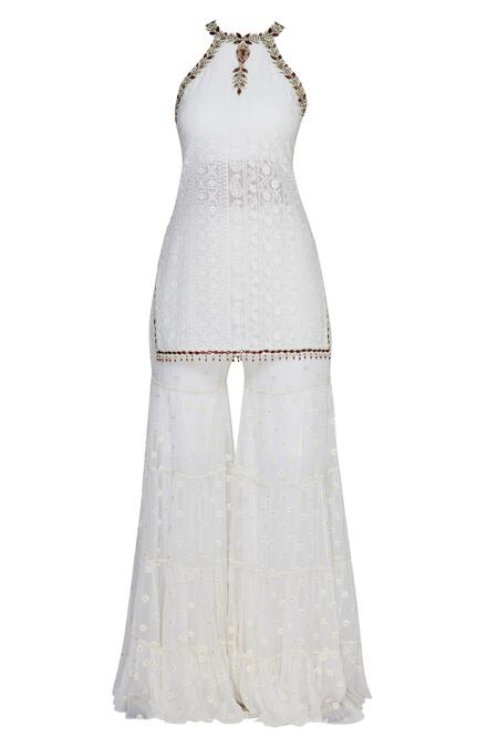 Buy Arpan Vohra White Georgette Chikankari Embellished Kurta And Sharara Set Online at Aza Fashions Buy_Arpan Vohra_White Georgette Chikankari Embellished Kurta And Sharara Set_Online_at_Aza_Fashions