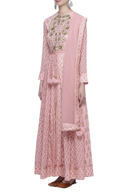 Buy_Shyam Narayan Prasad_Pink Block Print Anarkali Set_Online_at_Aza_Fashions