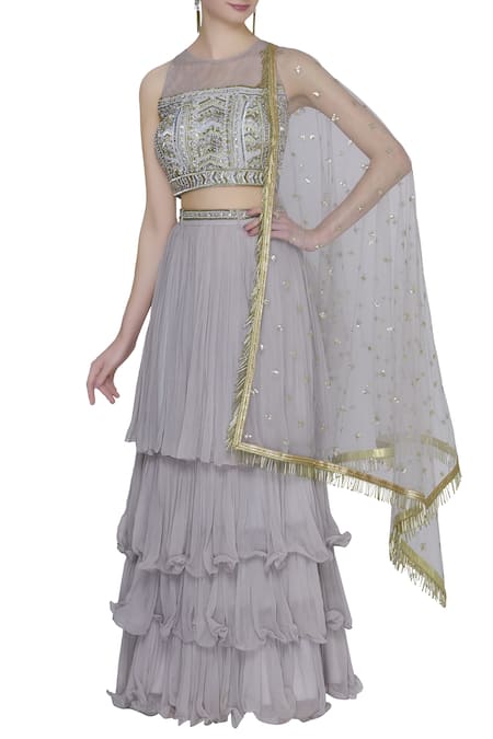 Nidhika Shekhar Grey Embroidered Blouse Lehenga Set 