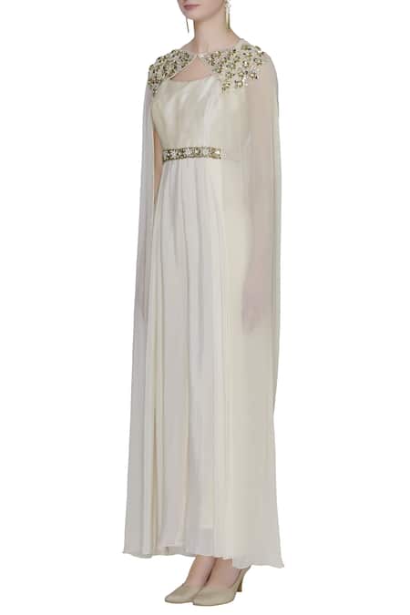 NIDHIKA SHEKHAR_White Embellished Cape Jumpsuit _Online_at_Aza_Fashions