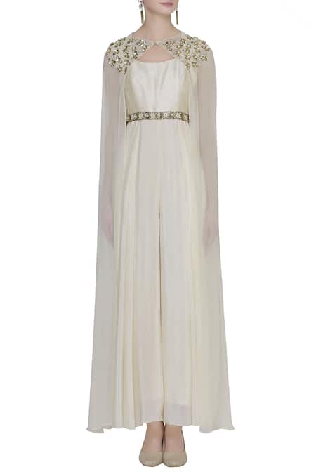 Buy_NIDHIKA SHEKHAR_White Embellished Cape Jumpsuit _Online_at_Aza_Fashions