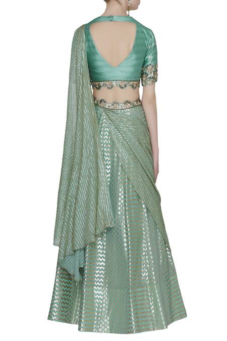 Shop_Nidhika Shekhar_Green Chanderi Embroidered Lehenga Set _at_Aza_Fashions