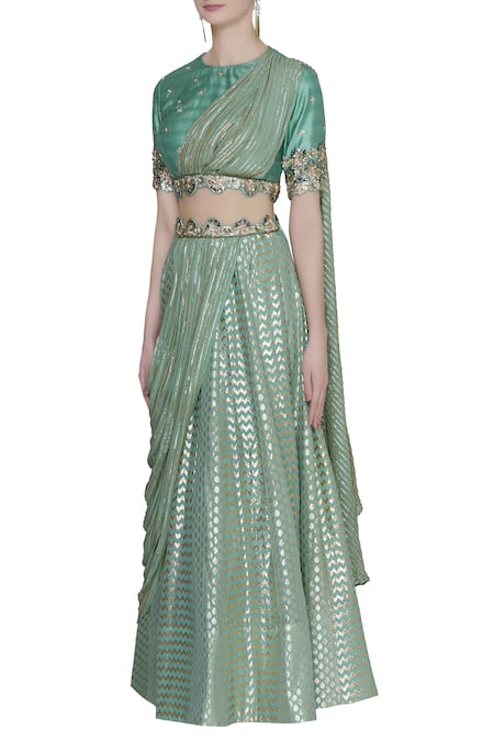 Nidhika Shekhar_Green Chanderi Embroidered Lehenga Set _Online_at_Aza_Fashions