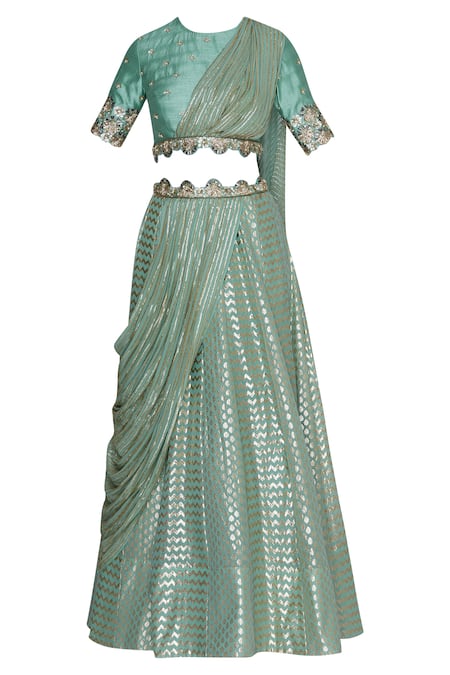 Buy_Nidhika Shekhar_Green Chanderi Embroidered Lehenga Set _Online_at_Aza_Fashions