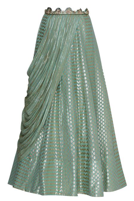 Shop_Nidhika Shekhar_Green Chanderi Embroidered Lehenga Set _Online_at_Aza_Fashions